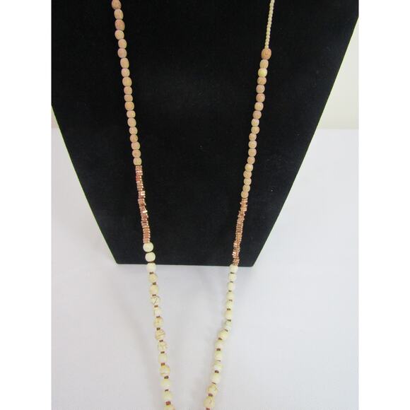 Peach Brown Beaded Gold Tone Pendant Necklace Boho Cottagecore Neutral Hippie - Picture 2 of 6